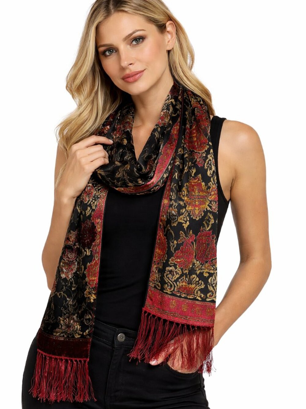 Luxury J&X NY Red & Black Silk Velvet Burnout Scarf - One Size - NWT
